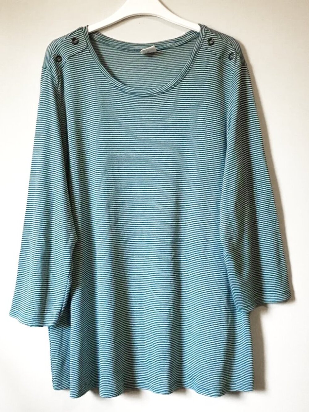 D/C Jeans Teal White Pinstripe Grommet Shouldered 3/4 Sleeve Tee 1X